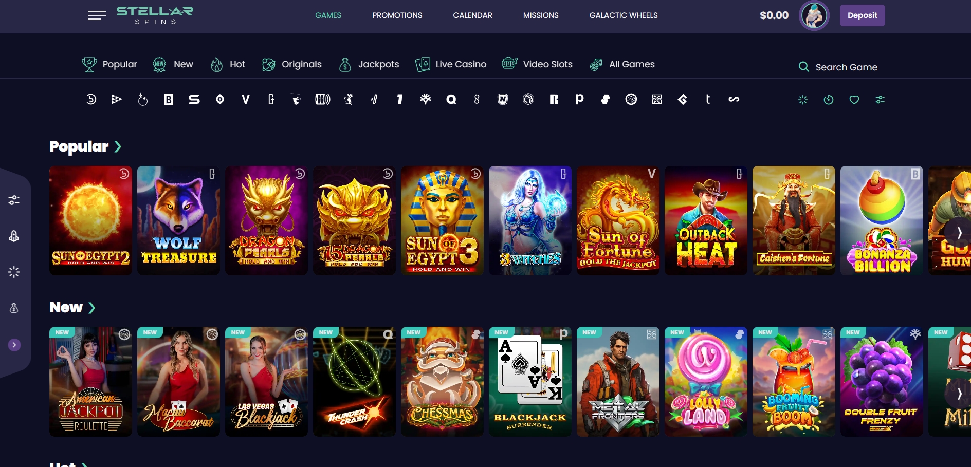 Stellar Spins slots library with filter options
